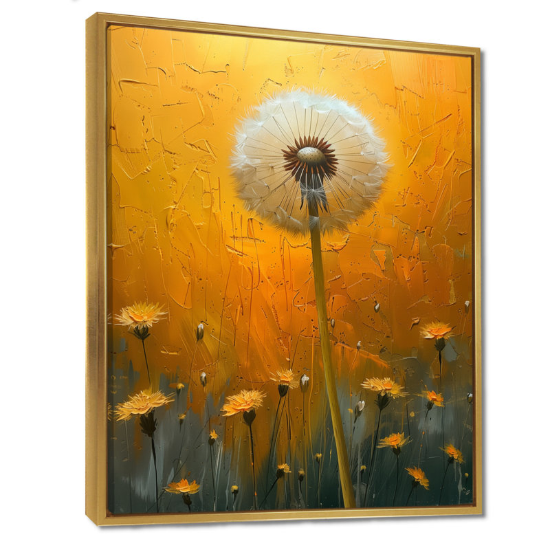 Art nouveau blanc et jaune pissenlit Collage I - impression d'art mural pissenlit, Cadre flottant doré, 12" H x 20" W