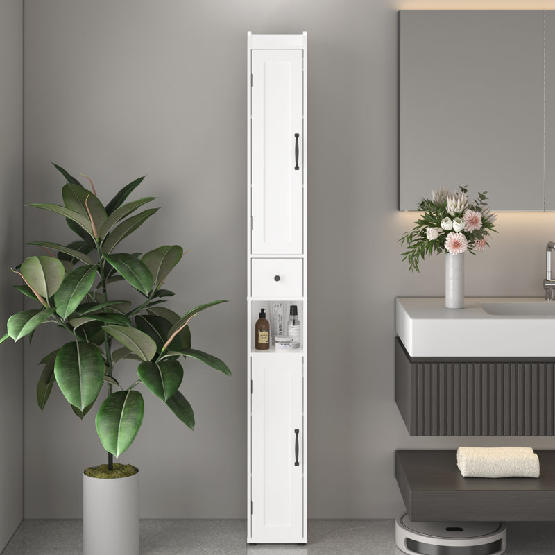 Armoire de salle de bain autoportante 69,9 po de haut 69 po à 2 portes avec 3 tablettes réglables, un plateau, des compartiments ouverts, blanc pour la salle de bain, la cuisine et le bureau