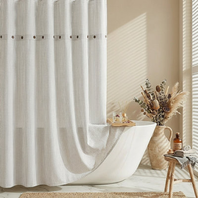 Rustic Farmhouse Shower Curtain, 72"X72", Striped Light Linen Fabric With Coconut Button Details, Machine Washable, Soft Cotton-Linen Blend, Vintage-Inspired Bathroom Decor