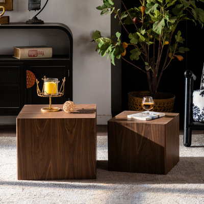 Ensemble de 2 tables gigognes en noyer, entièrement assemblées pour une installation facile dans n'importe quel espace. Table basse moderne avec autocollant, idéale pour les chambres d'étudiant et les appartements.