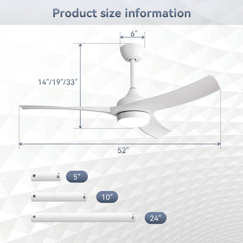 Ventilateur de plafond blanc moderne de 52 pouces avec lumière DEL de 18 W et moteur à courant continu réversible silencieux à 3 pales ABS