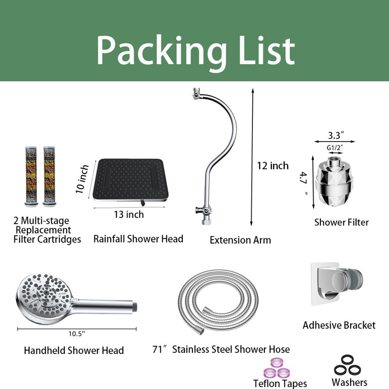 13'' High Pressure 5-Spray Rainfall Shower Head,With 10-Mode Handheld Spray, 20 Stage Shower Filter, 12'' Adjustable Extension Arm, 71'' Hose