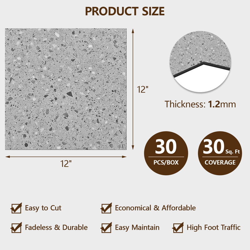 FLYFISH 12" x 12" Peel and Stick Floor Tiles, 1.2 mm Thick Vinyl Flooring, 30 Tiles, Mineral Speckle, Mineral Speckle