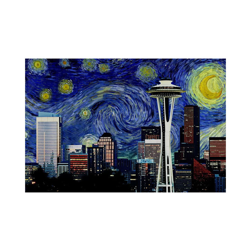 Seattle, Washington Starry Night Skyline - impression d'art graphique, Toile tendue, H 8 po x l 12 po x P 0,75 po