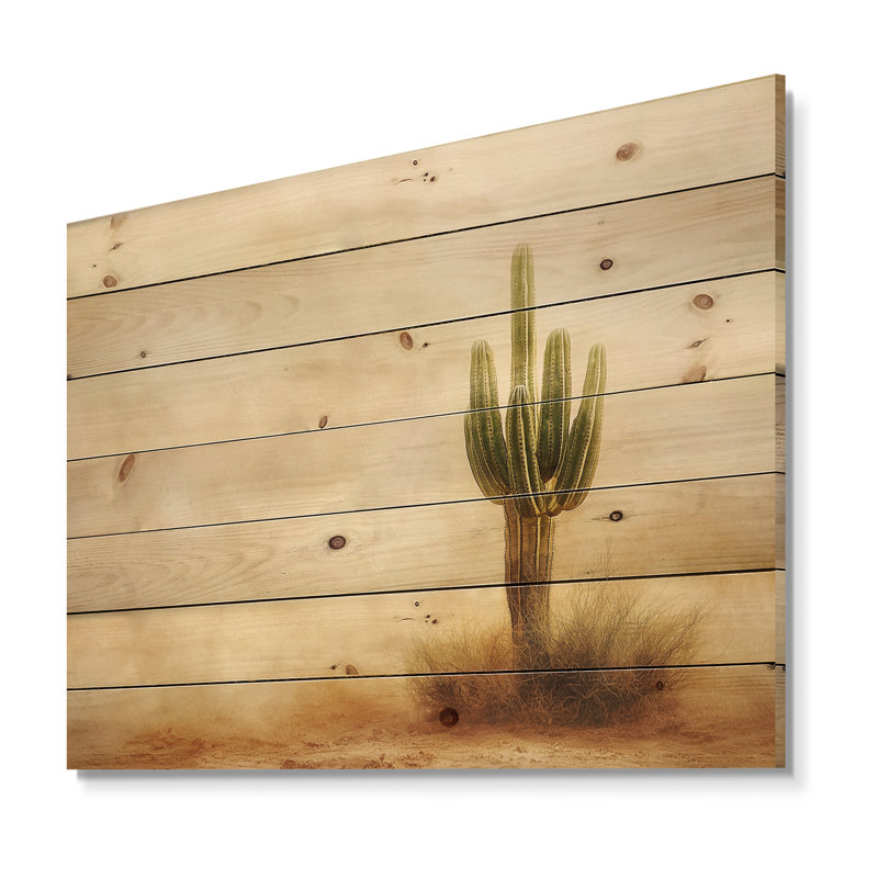 Cactus Sandstorm I - Floral Cactus Wood Print - On Natural Pine Wood, 34" H x 44" W x 0.78" D