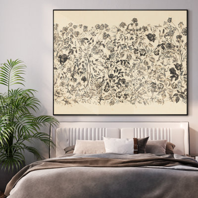 Très grand art mural imprimé sur tissu - Fleurs botaniques rétro, décoration botanique rétro pour le salon ou la chambre à coucher - «Assemblage requis du cadre (cadre non fini)»