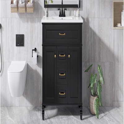 36 Inch Bathroom Vanity with Sink Combo, Black Freestanding Cabinet with Ceramic Basin, MDF + Solid Wood Frame, Flip-Out Top Drawer, Soft Close Doors, 2 Storage Drawers, Golden Handles