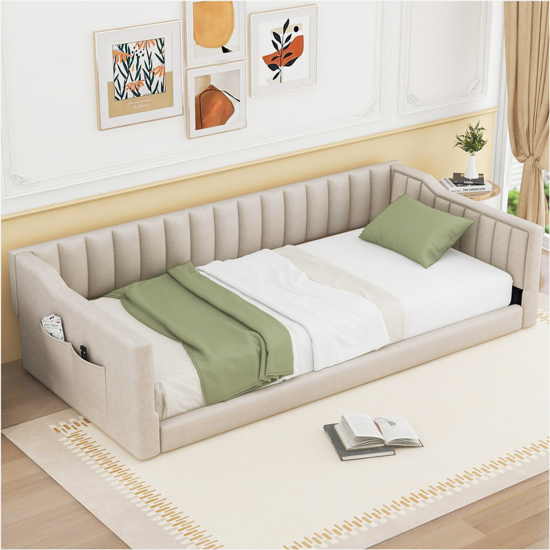 Upholstery Daybed and Side Storage pocket, Beige, Twin