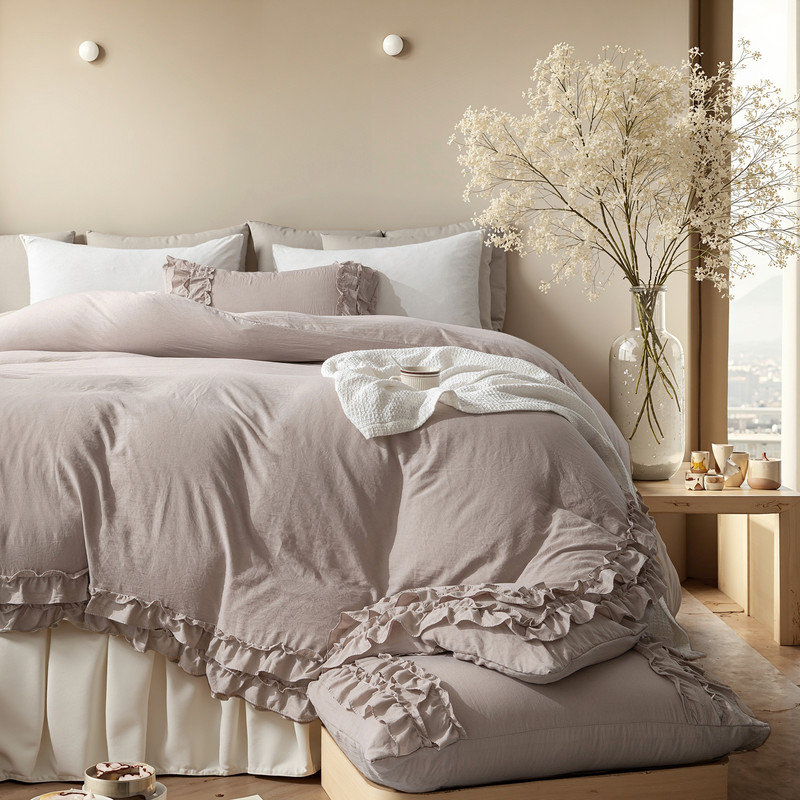 Ensemble d'édredon taupe à très grand lit à volants Taupe, Édredon grand et 2 taies d'oreiller, Taupe