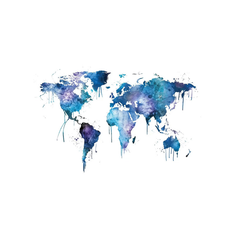 Watercolour Map Of The World Map, Blues & Purples by Michael Tompsett - Wrapped Canvas Print, 20.32 cm H x 30.48 cm W