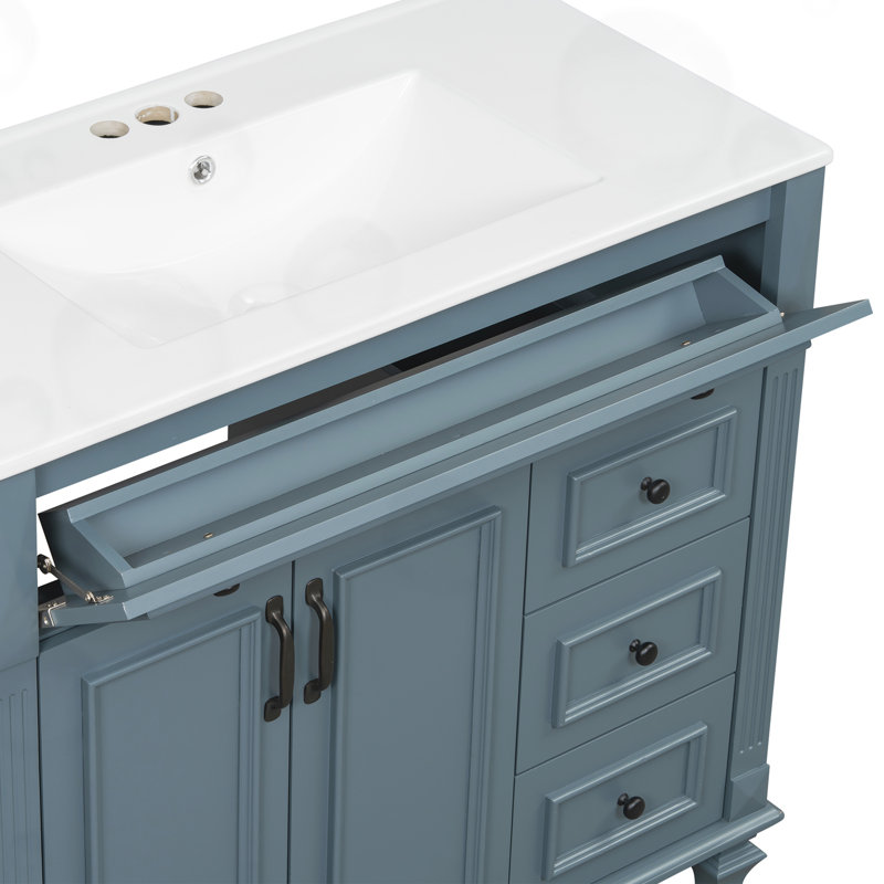 Meuble-lavabo de salle de bain avec tiroir rabattable, 3 tiroirs et tablette réglable
