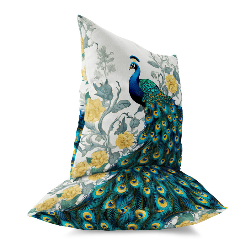 Peacock and Floral Faux Suede Reversible Throw Pillow