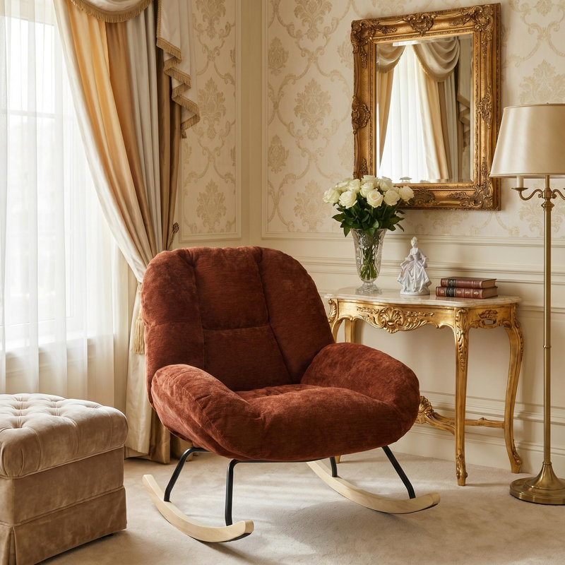 Fauteuil à bascule moderne rembourré avec base en bois d'hévéa, rouge, idéal pour la chambre d'enfant, le salon et la chambre à coucher.