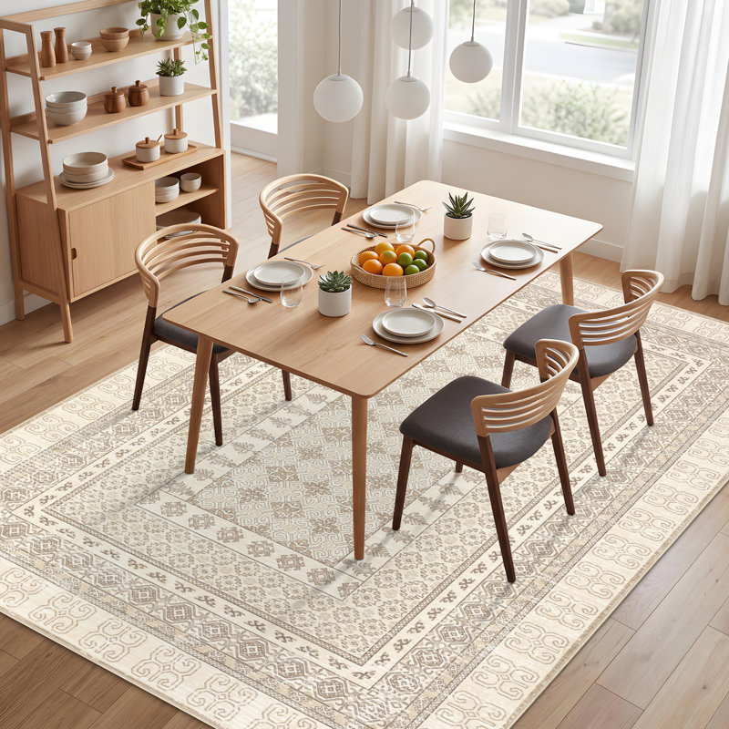 Tapis à bordure géométrique lavable à la machine, Beige, 9 x 12 pi