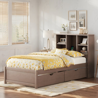 Modern Twin Size Bed Frame With Built-In USB Port On Bookcase Headboard And 2 Drawers For Walnut Color