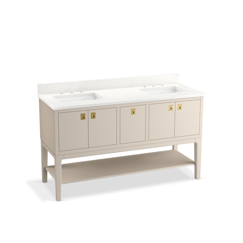 Seagrove By Studio McGee 60 in. Bathroom Vanity Cabinet With Sinks And Quartz Top, Light Clay, Brass