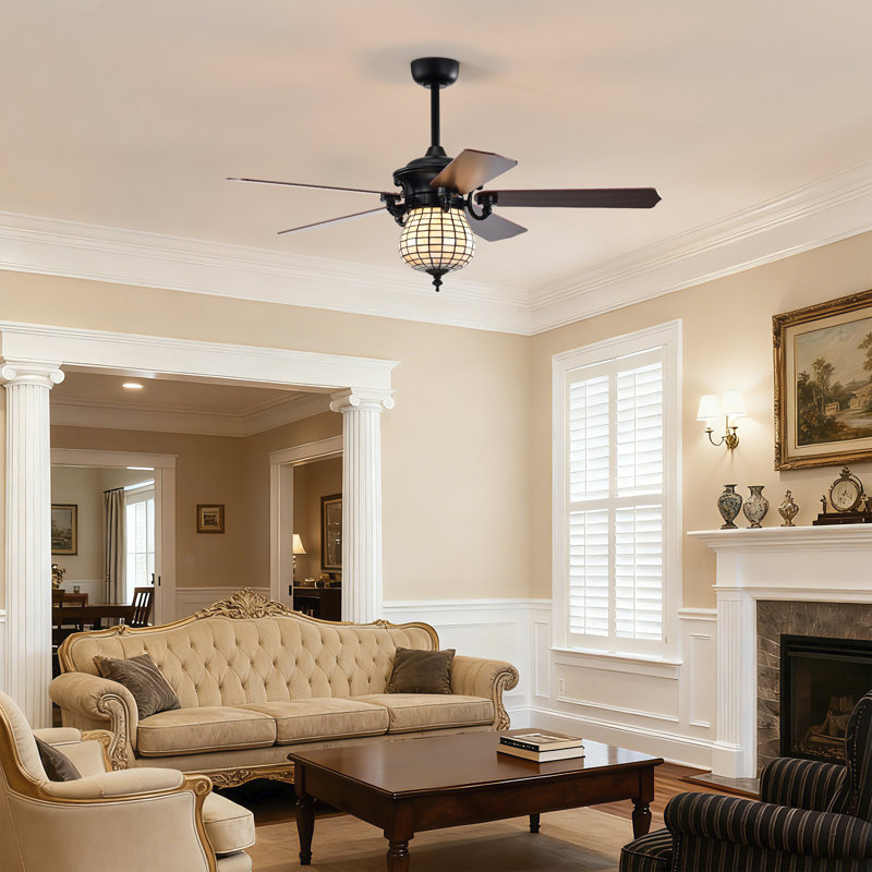 Charlim 5-blade Matte Black Lighted Ceiling Fan With Bee-hive Tiffany Glass Shade Remote Control