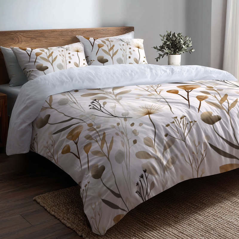 Ensemble de literie 3 pièces Floral - Ensemble de housse de couette et de coussin beige