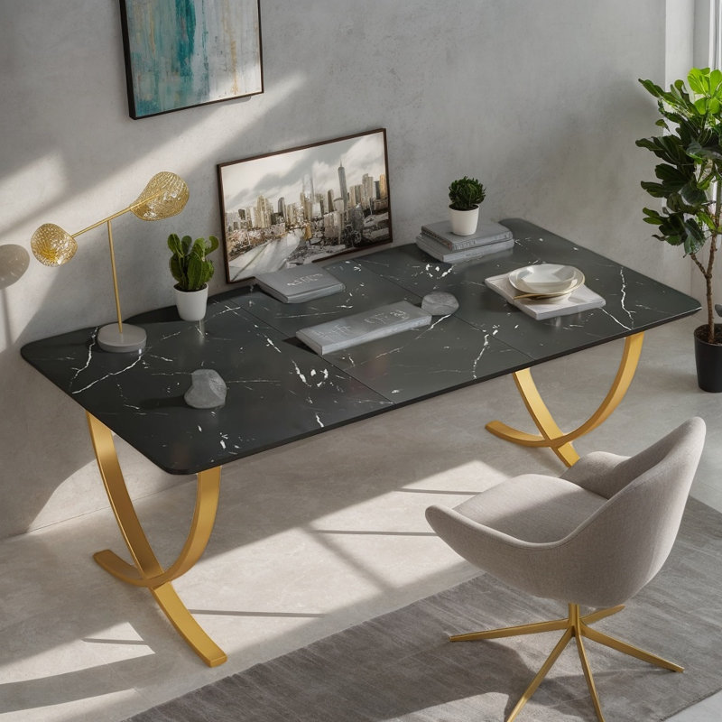 Bureau de direction de 160 cm, table de réunion avec cadre doré et imitation marbre