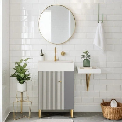 21.6" Contemporary Bathroom Vanity With Ceramic Sink, Soft-Close Door & Right-Side Open Shelving, Grey