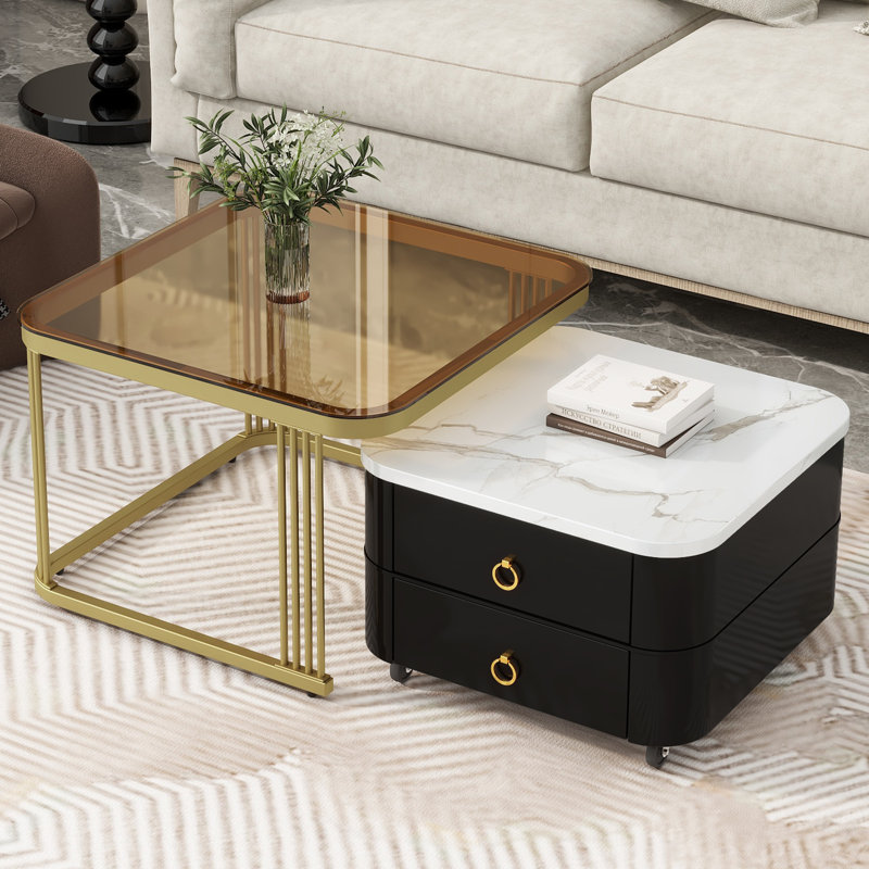 2-in-1 Square Nesting Coffee Table with Wheels & Drawers, Stackable Side Table with High Gloss Marble Grain Top, End Table Set with Brown Tempered Glass for Living Room, 