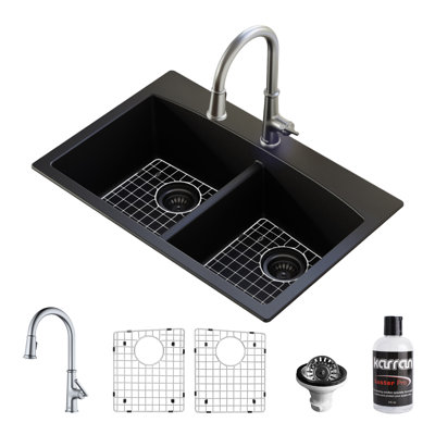 Évier de cuisine à double cuve encastrée avec robinet 33 po x 22 po 50/50 Karran Quartz