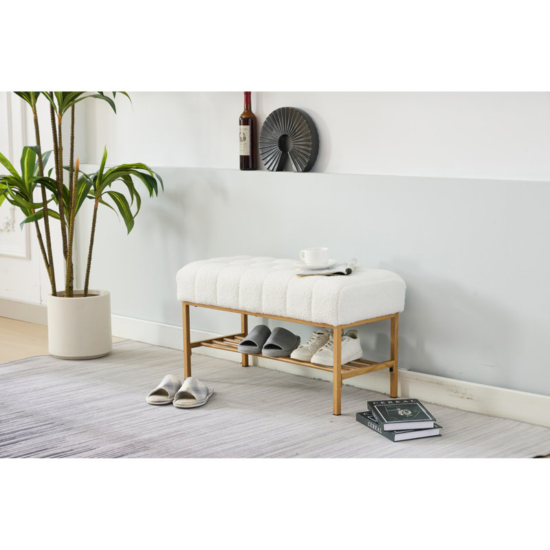 Upholstered Shoe Storage Bench With Cushioned Seat, End Of Bed Bench With Open Shelf And Metal Legs For Entryway, White