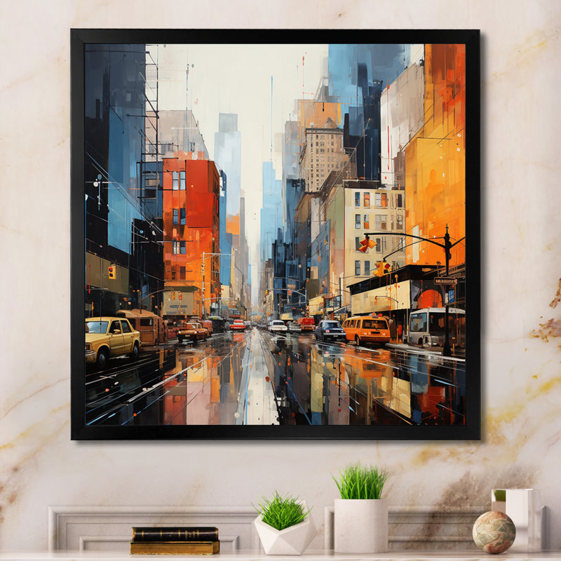 Mid-Century Mid-Century Metropolis II - art abstrait bleu Mid-Century, H 16 po x l 16 po x P 1 po, Cadre photo noir