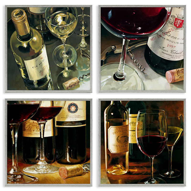 Ensemble de 4 giclées encadrées Elegant Wine Still Lifes, design par Stefano Ferreri, H 17 po x l 17 po