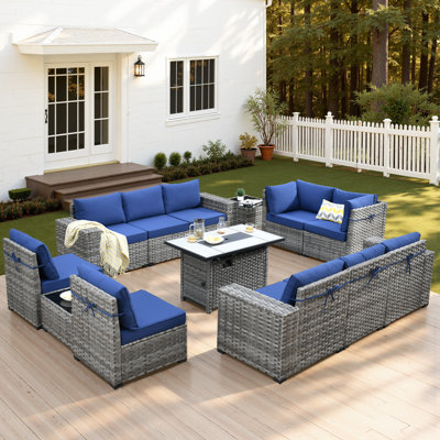 Bobia 13 Piece Outdoor Wicker Patio Conversation Set with Fire Pit table,  Modular Sofa Seating Group with Cushions