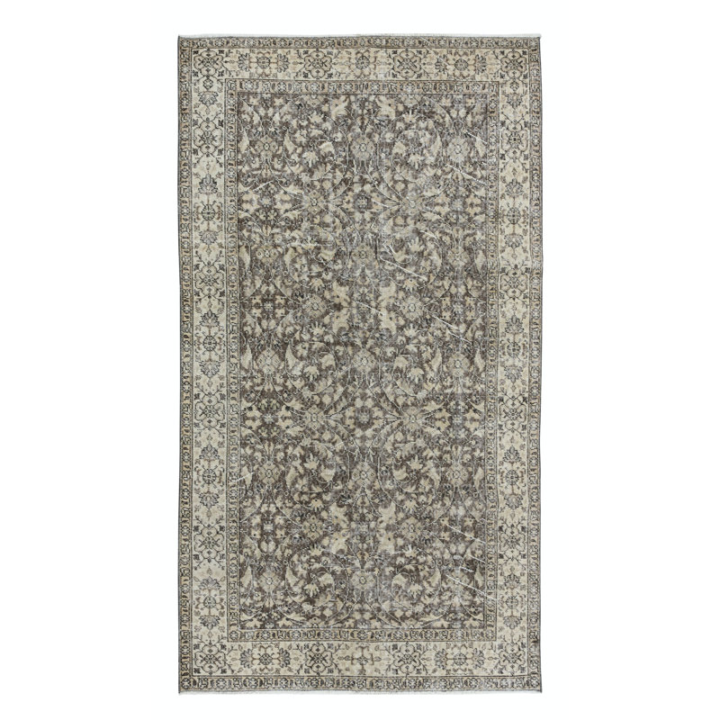 Tapis turc beige et brun fait à la main à motif floral rétro