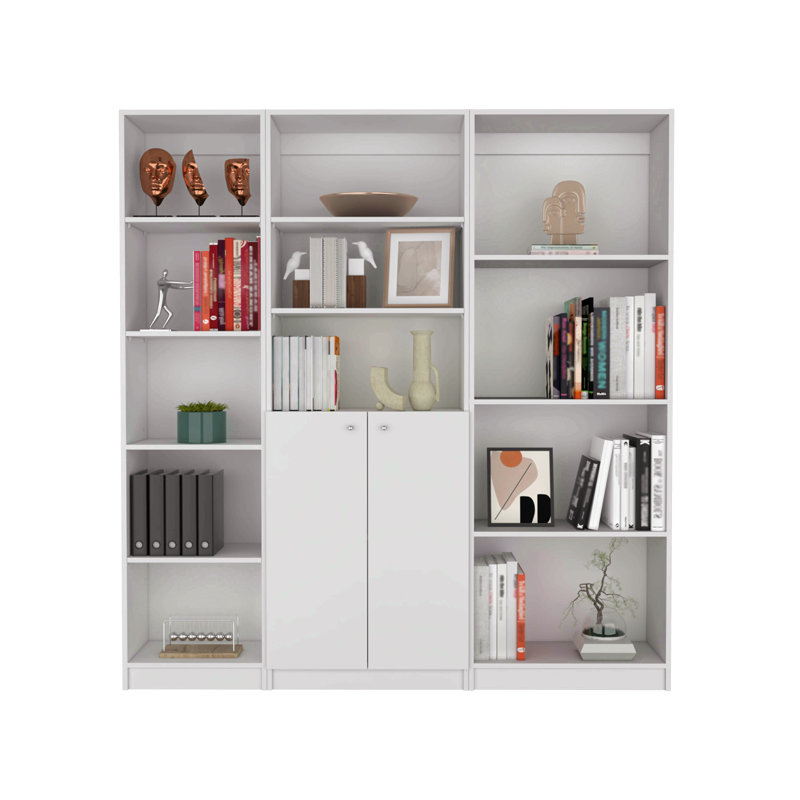 Ensemble de bibliothèque 3 pièces, 67 po de largeur avec 12 tablettes et une armoire à deux portes, ensemble de salon, Blanc