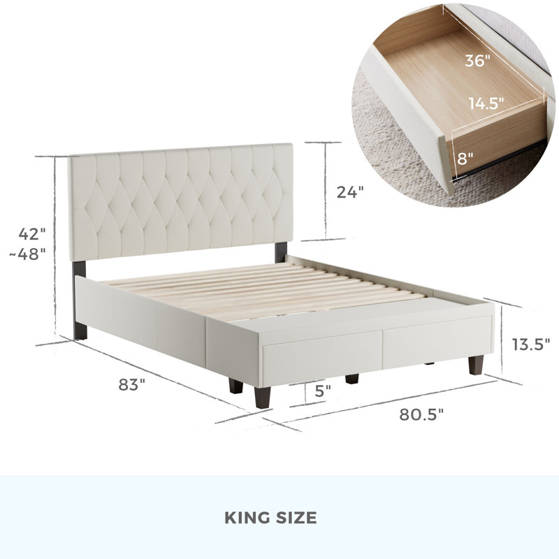 Upholstered Storage Bed, King, Cream