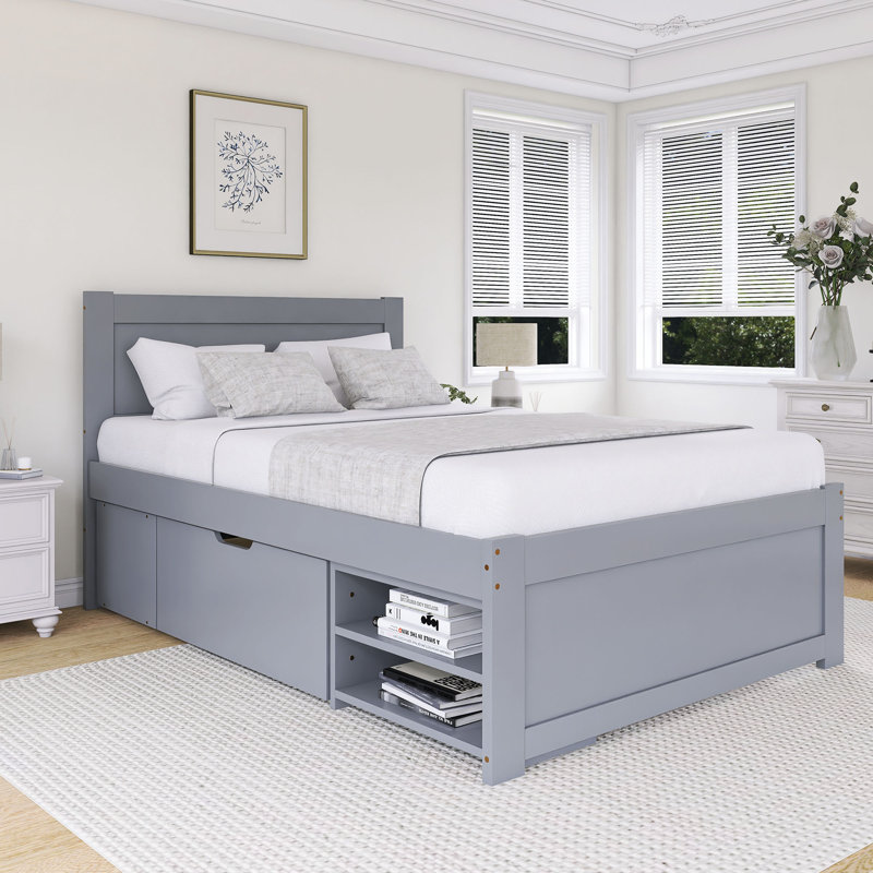 Lit plateforme simple avec tiroir et deux tablettes, Gris