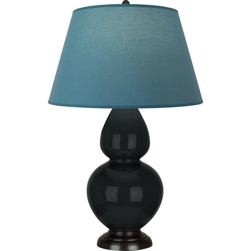 Lampe de table double gourde en céramique, Obsidienne vernie / bronze, Bleu vif / gris, Bronze