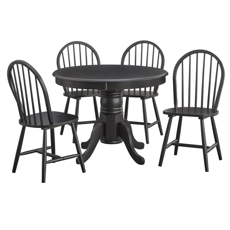 Sara Solid Wood Dining Set, 5 Pieces: Table, 4 Chairs, Black, Black