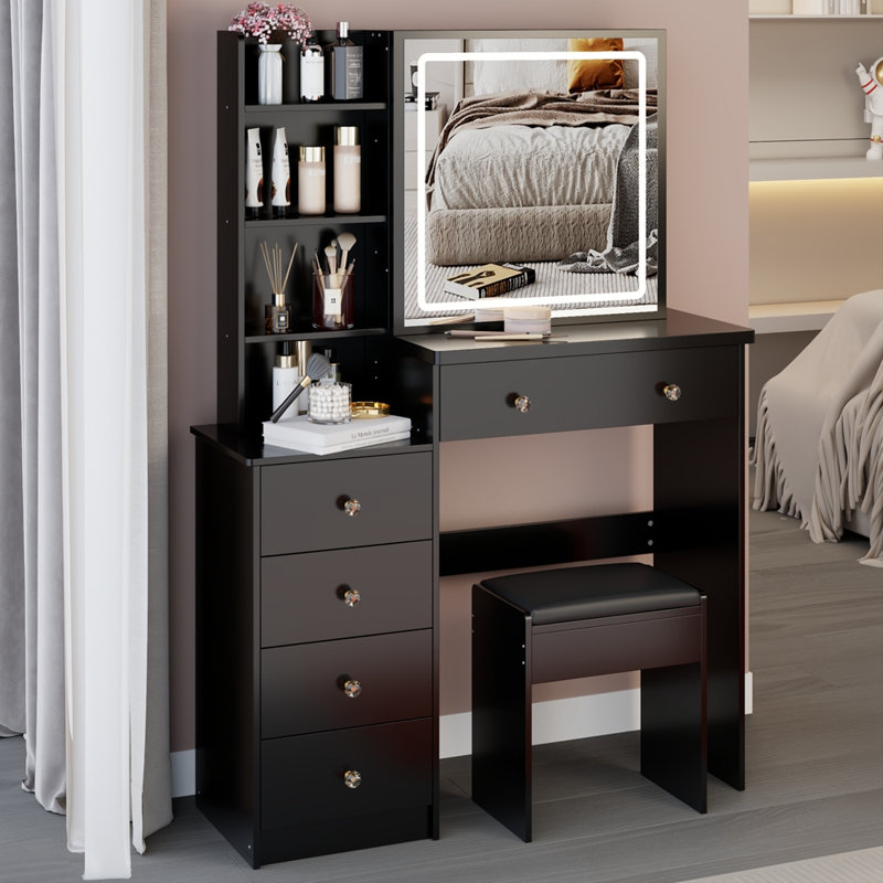Table de chevet de taille moyenne avec miroir à DEL, tabouret et grand espace de rangement pour les espaces compacts