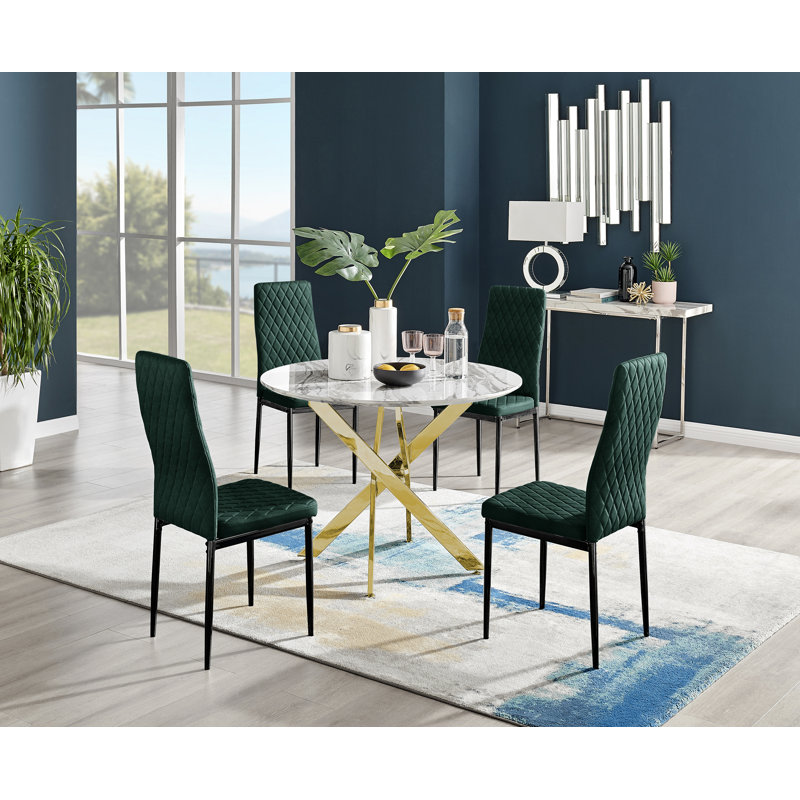 Tierra Modern Chrome Metal & Glass Round Dining Table Set with 4 Quilted Velvet Chairs, Cream/Gold, 75 x 100 x 100cm, Gold