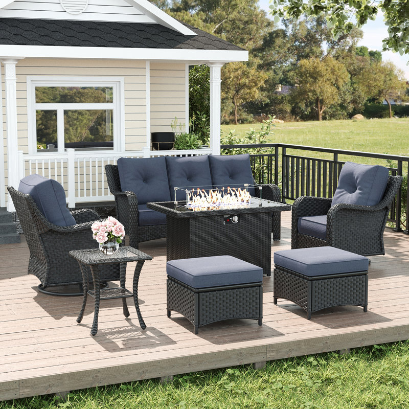  7 Piece Wicker Outdoor Furniture Set with 6-inch Comfy Cushions, High Back Patio Furniture Set with Swivel Rocking Chairs and Fire Pit Table