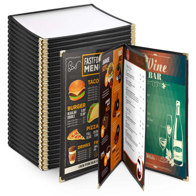  WeChef 30 Pack 8.5 x 14" 4 Page 8 View Menu Covers Black Trim Legal Size Restaurant Cafe