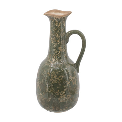 7X6X14" Ceramic Pitcher Vase With Olive Green Finish And Floral Motifs