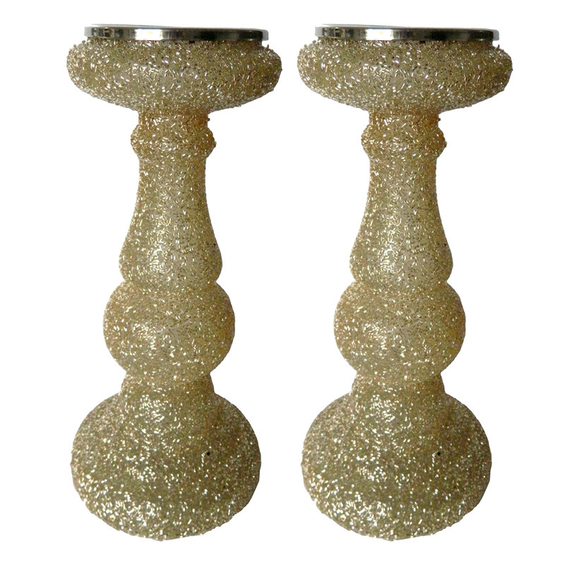 S/2 12" Champagne Beaded Candle Holder, 12" H x 5.2" W x 5.2" D