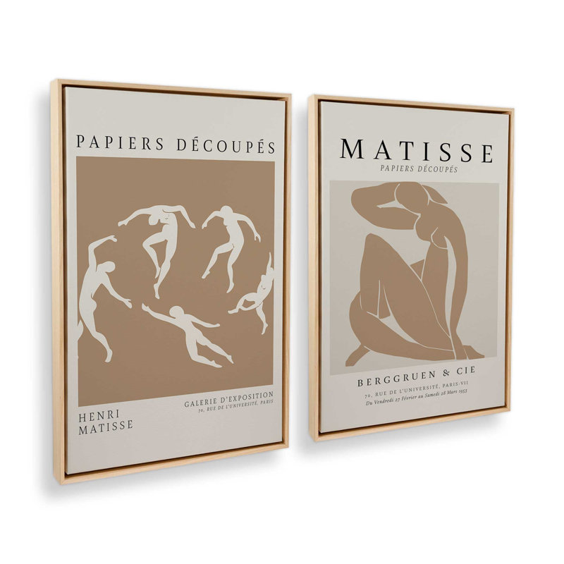 Ensemble de 2 Matisse La Danse et Nus Brun, H 31 po x l 42 po, Cadre américain en érable flottant