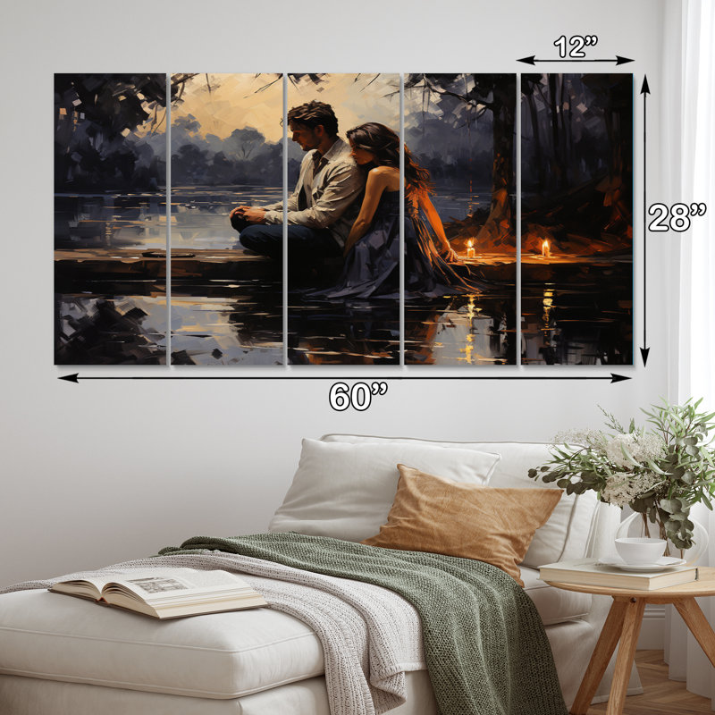 «Romantic Couple Landscape Glimpse I», impression d'art mural paysage romantique - 5 panneaux égaux