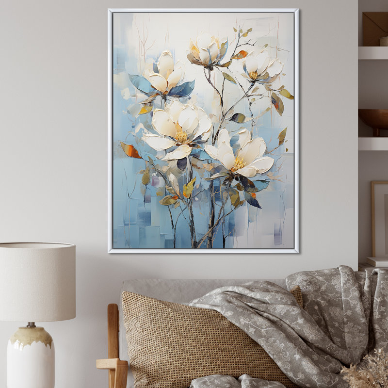 «Blue and White Magnolias Flowers Harmony» sur toile, Cadre flottant blanc, H 40 po x l 30 po x P 1,5 po