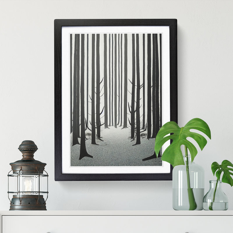 Winter Forest Illustration - Single Picture Frame Print, 64cm H x 46cm W x 2cm D, Black