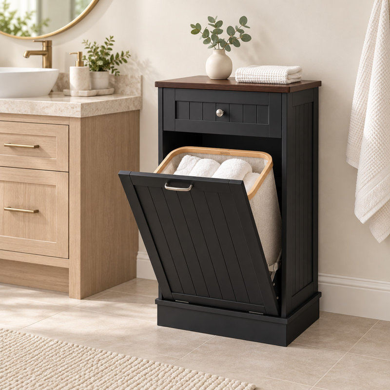 Meuble de poubelle basculant de style champêtre avec tiroir de rangement, en bois, d'une capacité de 38 litres (10 gallons), idéal pour la cuisine et la buanderie - Noir/Une porte