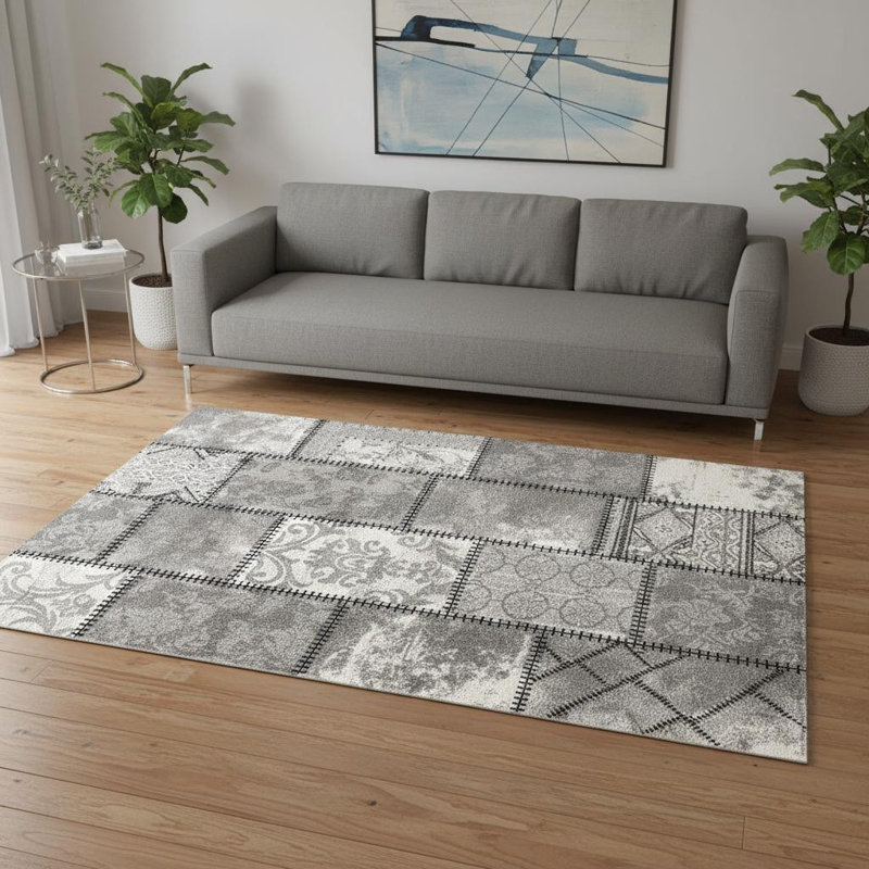 Tapis tissé à la machine damassé gris et ivoire 5 pi x 8 pi