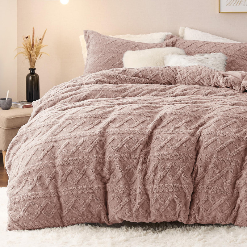 Housse de couette en fourrure synthétique, Housse de couette pour grand lit et 2 taies décor, Cameo rose