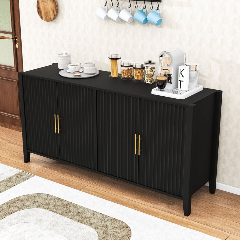 Wooden Sideboard with Shelves, Cabinet and Metal Handles, Black, 32" H x 61" W x 17.9" D
